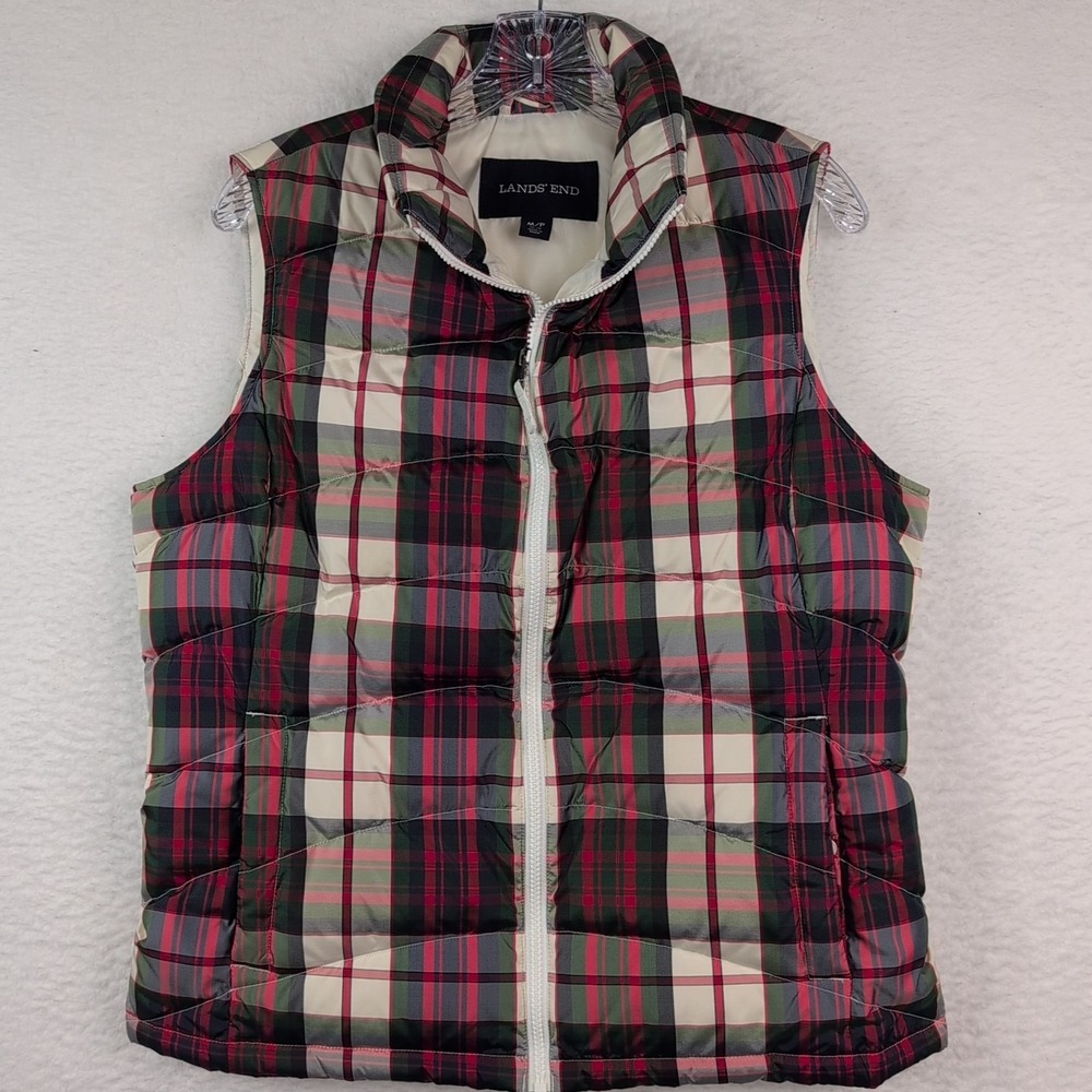 Lands' End Down Puffer Vest Women's MP Multi Tartan Plaid‎ Quilted Holiday